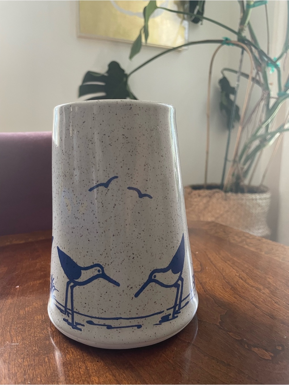 Hand-Painted Ceramic Vase with Blue Shorebird Design